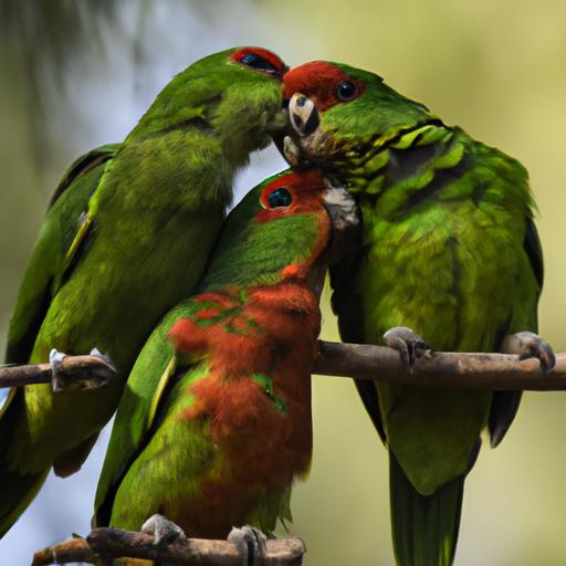 Red fronted parrots engaging in social interaction and communication within their flock.
