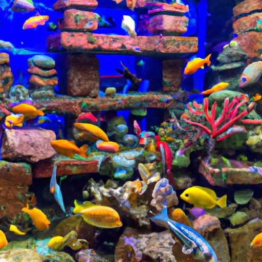 A vibrant reef fish store with a variety of colorful fish species swimming in aquarium tanks.