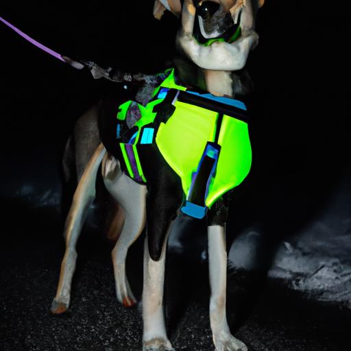 A Huskador wearing reflective gear and LED lights for safety.