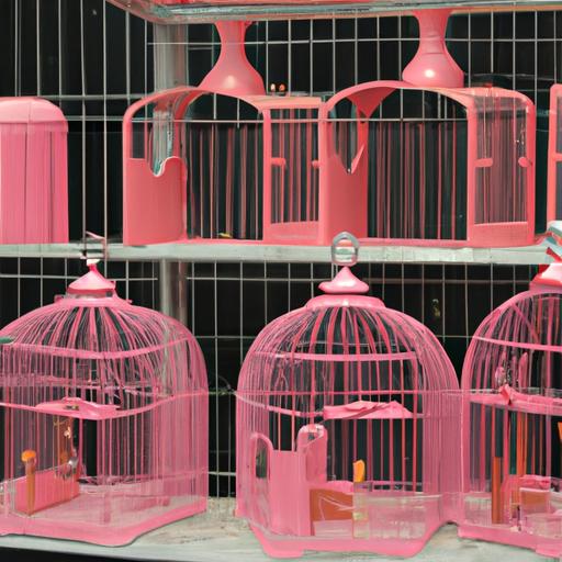 Variety of pink bird cages in different sizes and styles, featuring durability and safety features