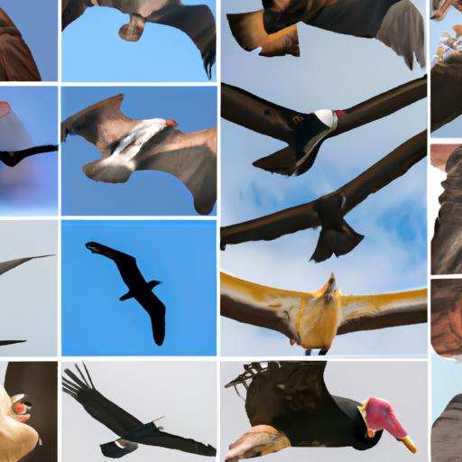 A collage featuring different species of the largest flying birds: Albatrosses, Andean Condors, Wandering Albatrosses, and California Condors.
