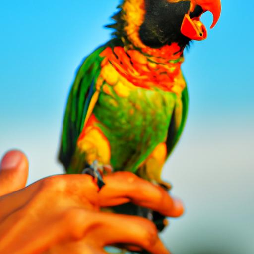 A rainbow parrot attentively engaging in training exercises with its devoted owner.