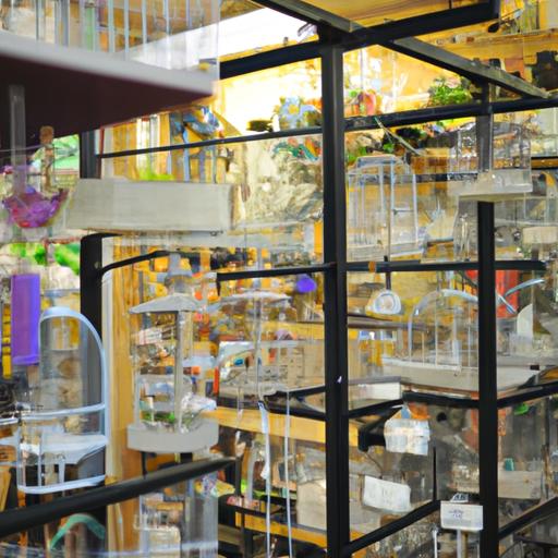 Explore our bird store's clean and vibrant interior, showcasing a wide range of bird cages and accessories.