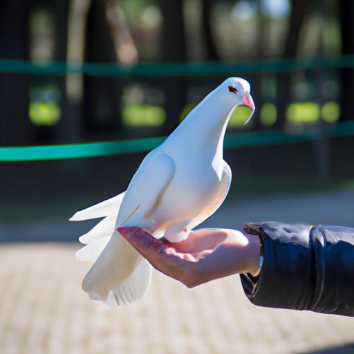 A caring individual bonding with their white dove through positive training techniques, strengthening the unique human-bird connection.