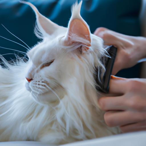 Gentle grooming for a white Maine Coon cat