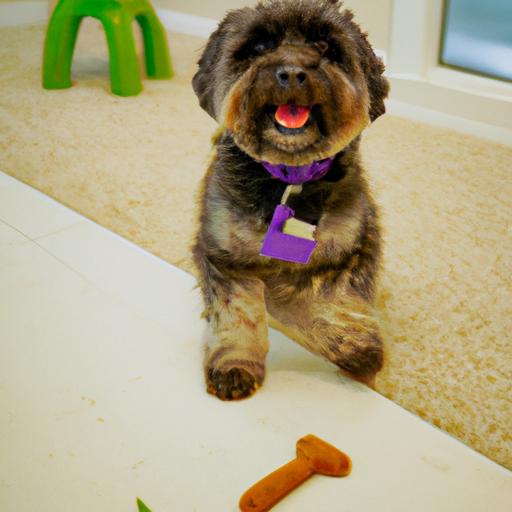 A Yorkipoo engaged in positive reinforcement training for socialization
