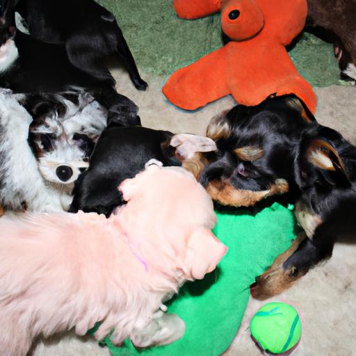 A Yorkipoo puppy having a fun socialization session with other puppies