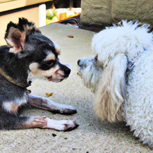 Yorkipoo displaying positive interaction with another dog