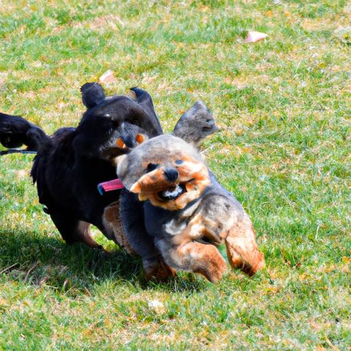 Yorkipoos enjoying a playful interaction in the park