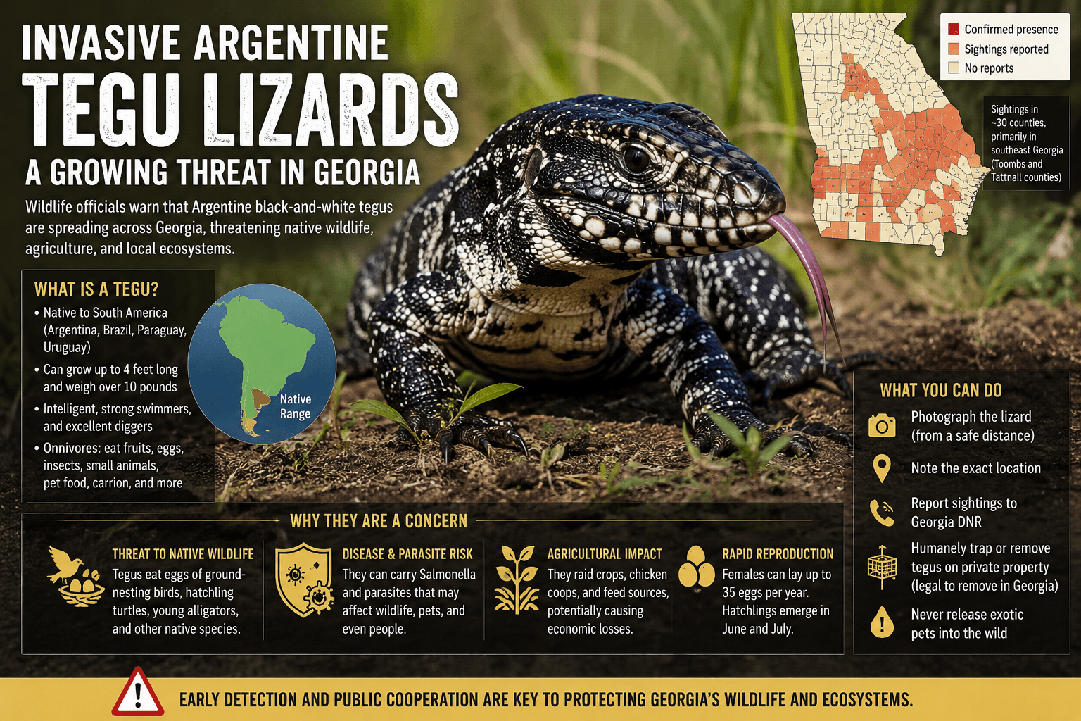 Georgia Argentine Tegu Invasive Crisis Escalates as Giant Lizards Spread Across 30 Counties